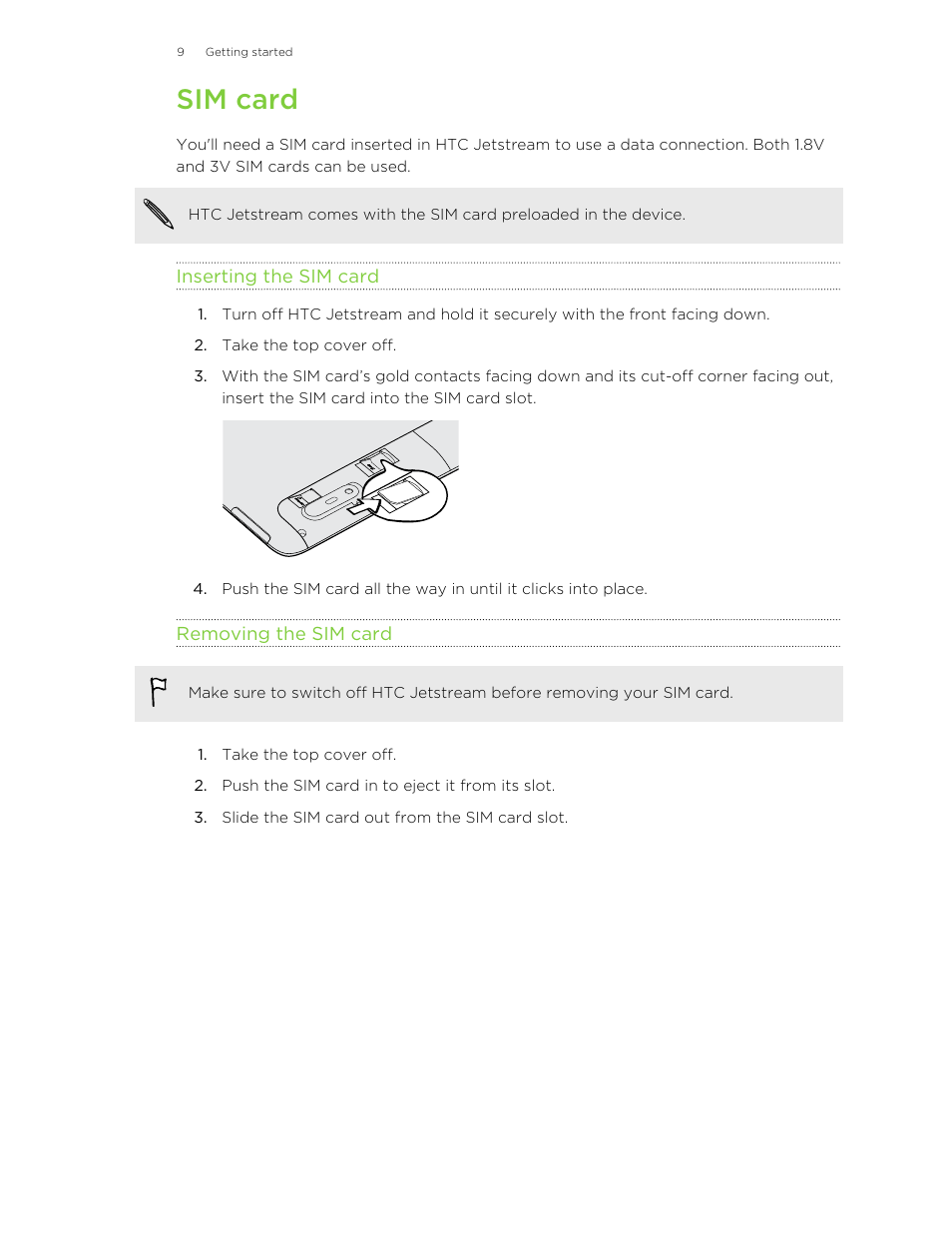 Sim card, Inserting the sim card, Removing the sim card | HTC Jetstream User Manual | Page 9 / 174