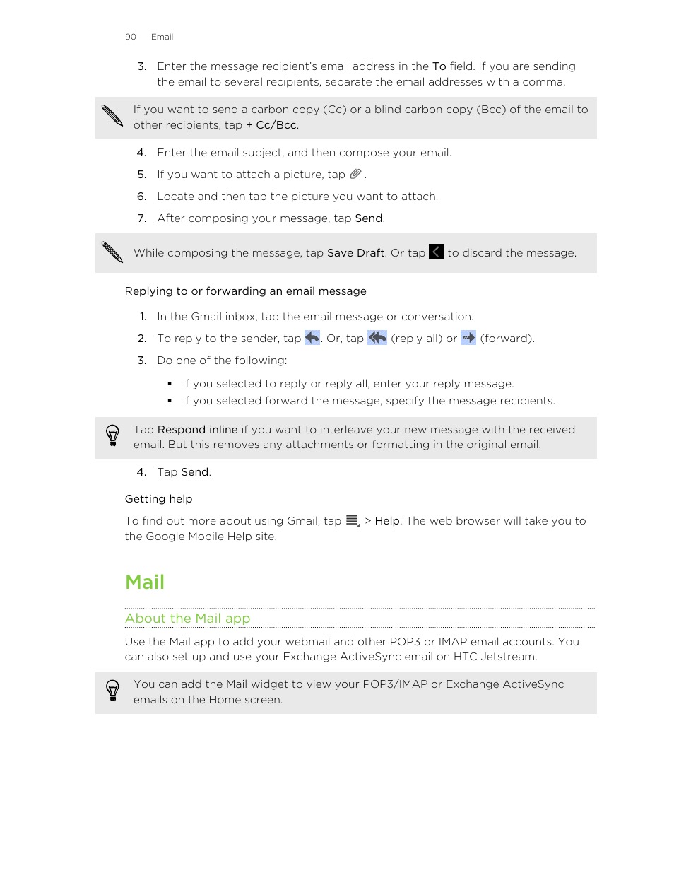 Replying to or forwarding an email message, Getting help, Mail | About the mail app | HTC Jetstream User Manual | Page 90 / 174