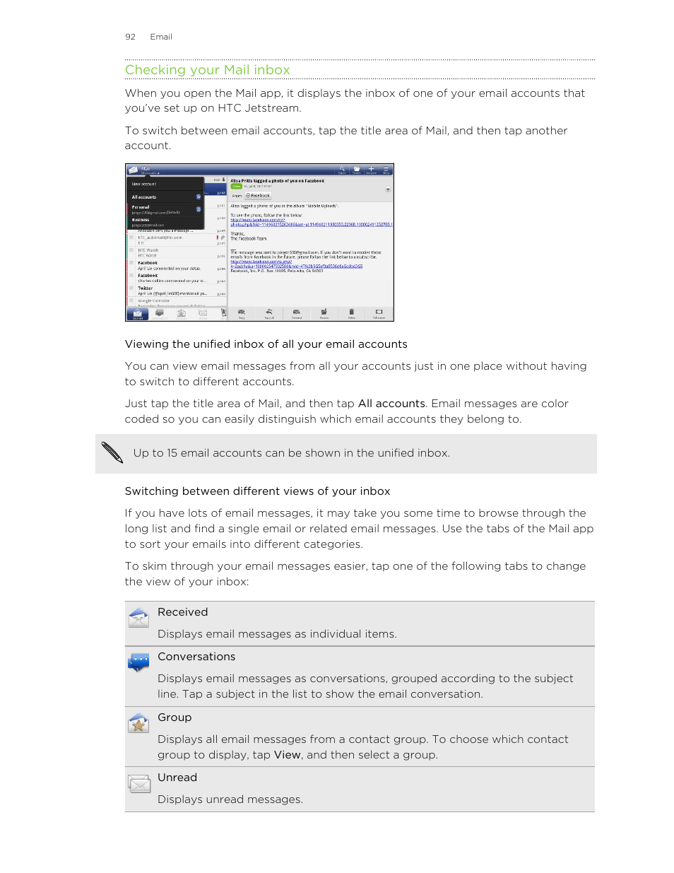 Checking your mail inbox, Switching between different views of your inbox | HTC Jetstream User Manual | Page 92 / 174