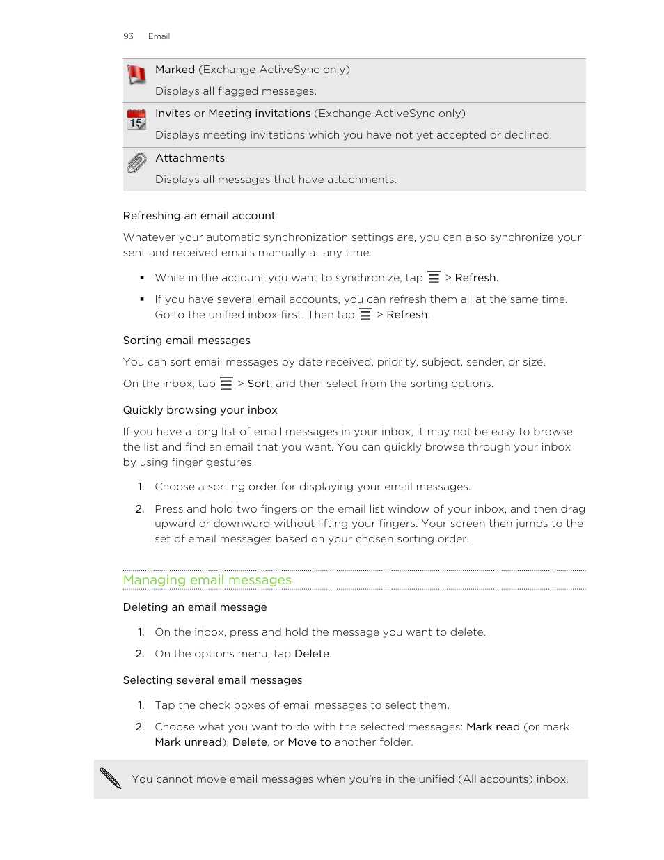 Refreshing an email account, Sorting email messages, Quickly browsing your inbox | Managing email messages, Deleting an email message, Selecting several email messages | HTC Jetstream User Manual | Page 93 / 174