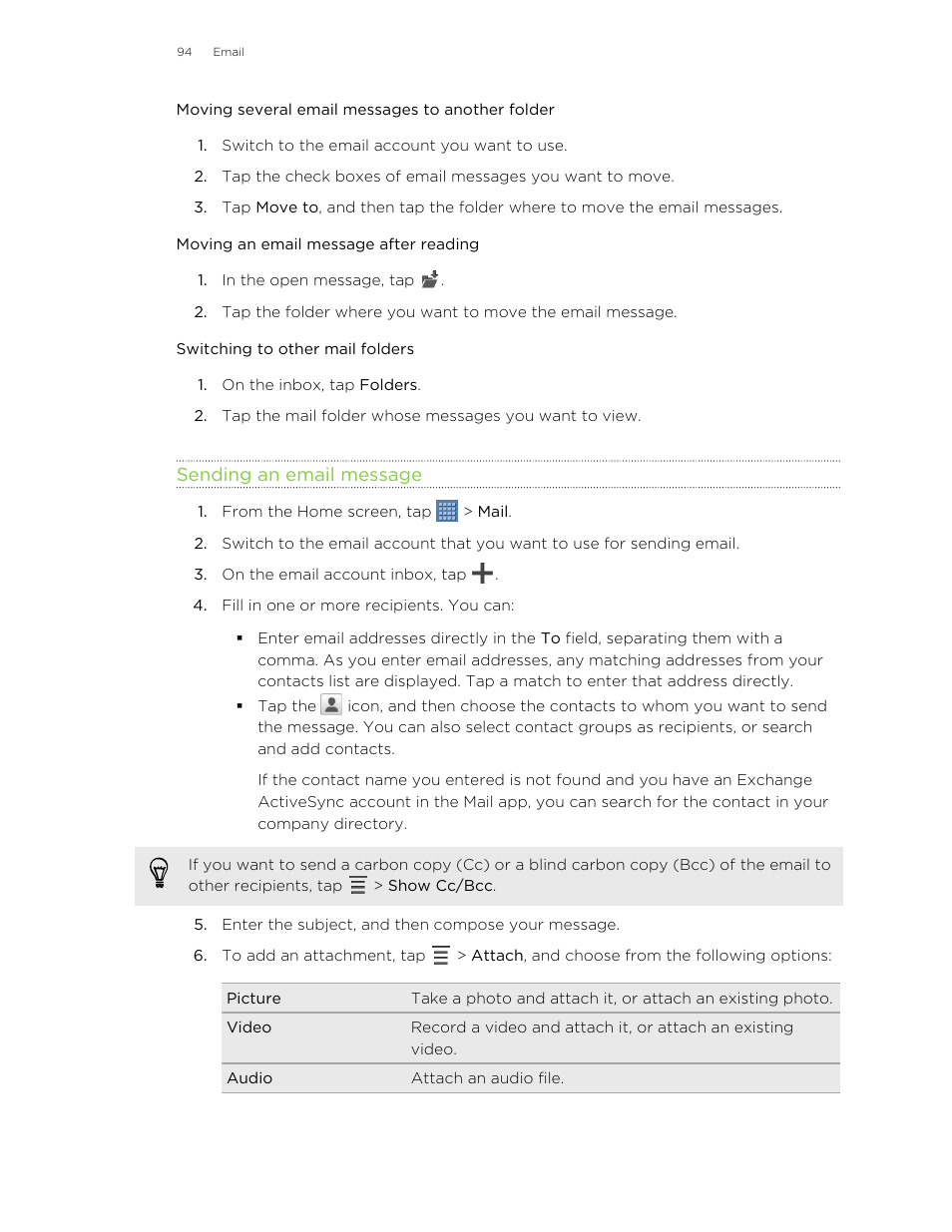 Moving several email messages to another folder, Moving an email message after reading, Switching to other mail folders | Sending an email message | HTC Jetstream User Manual | Page 94 / 174