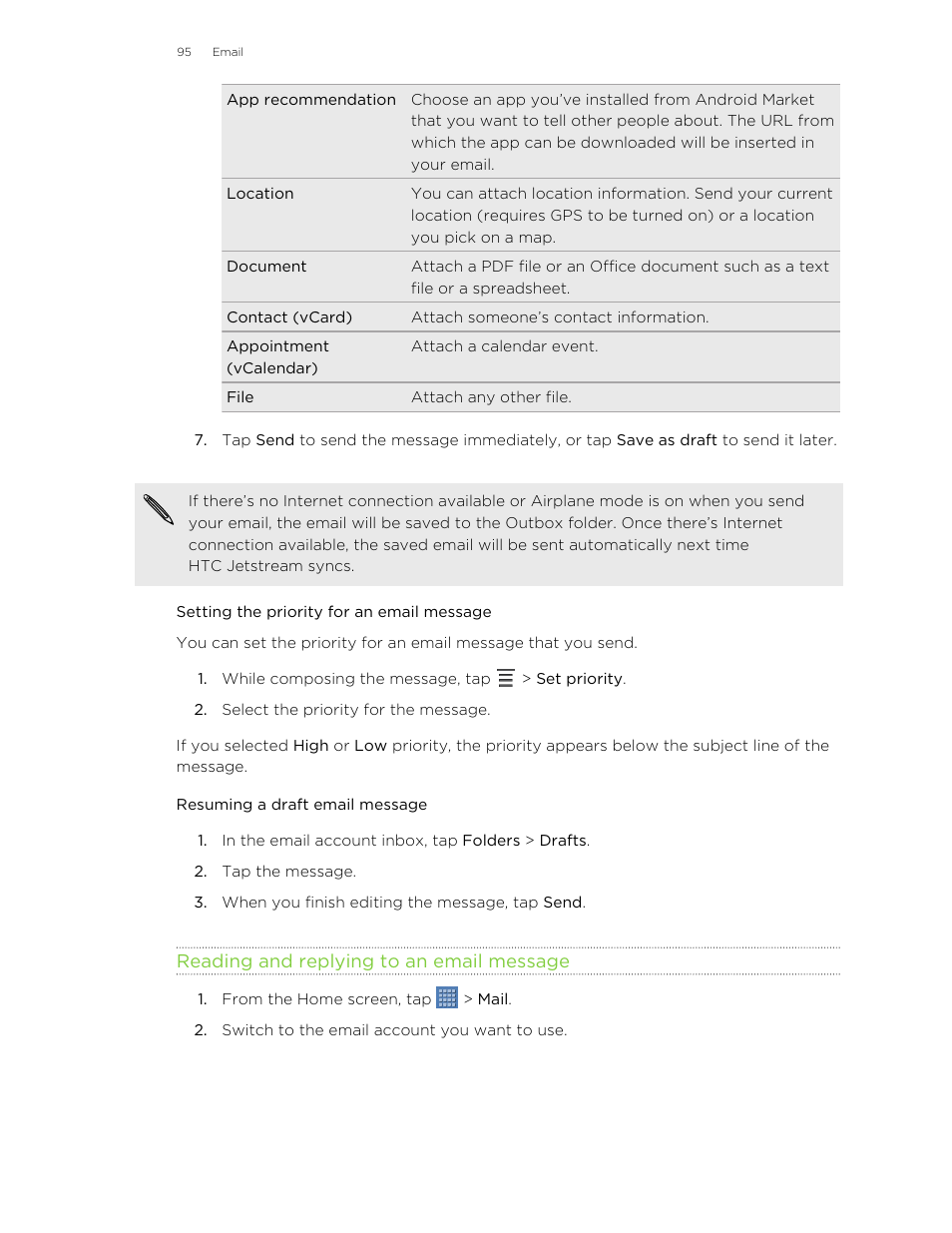 Setting the priority for an email message, Resuming a draft email message, Reading and replying to an email message | HTC Jetstream User Manual | Page 95 / 174