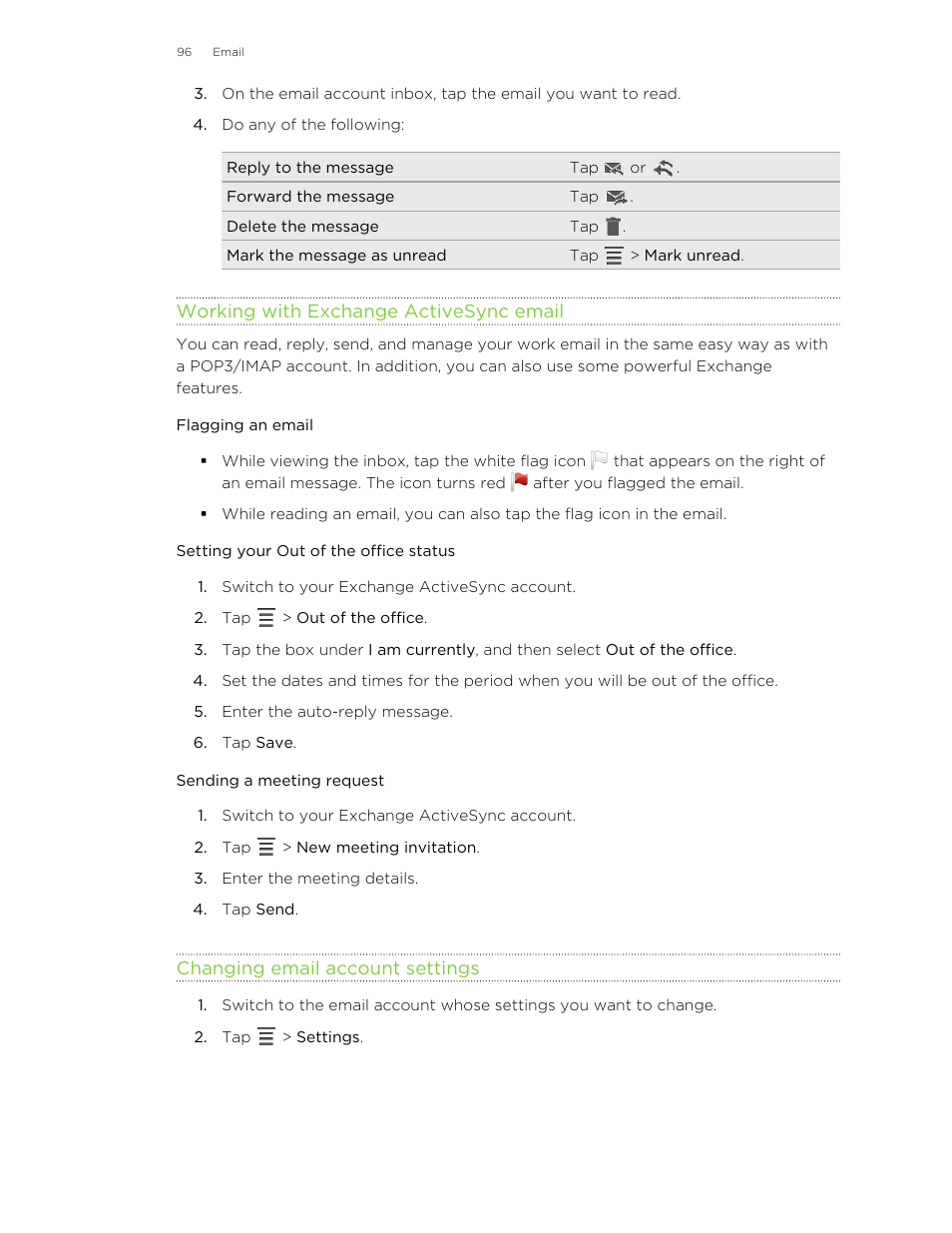 Working with exchange activesync email, Flagging an email, Setting your out of the office status | Sending a meeting request, Changing email account settings | HTC Jetstream User Manual | Page 96 / 174