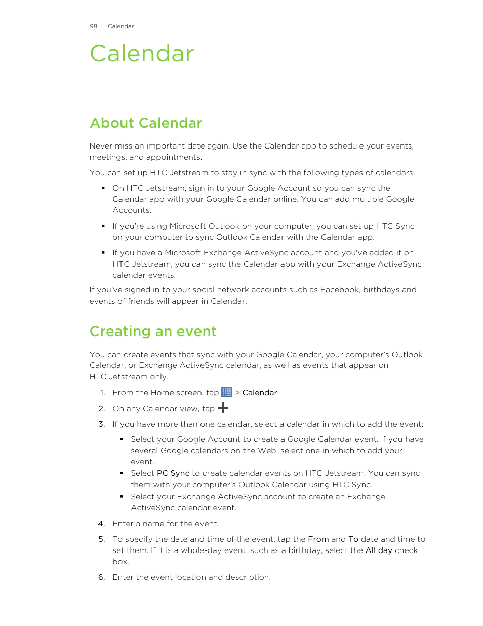 Calendar, About calendar, Creating an event | HTC Jetstream User Manual | Page 98 / 174