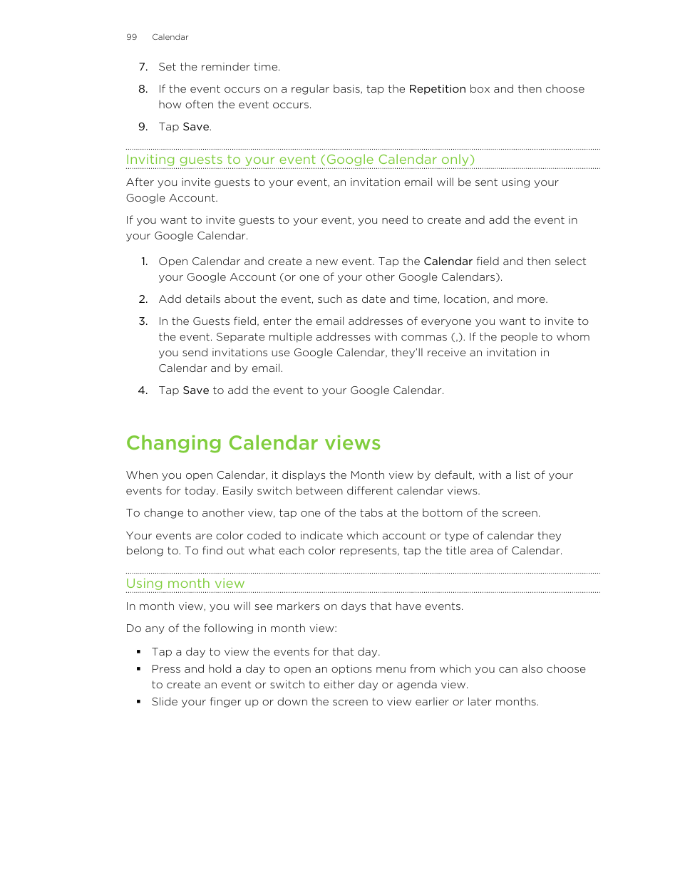 Changing calendar views, Using month view | HTC Jetstream User Manual | Page 99 / 174