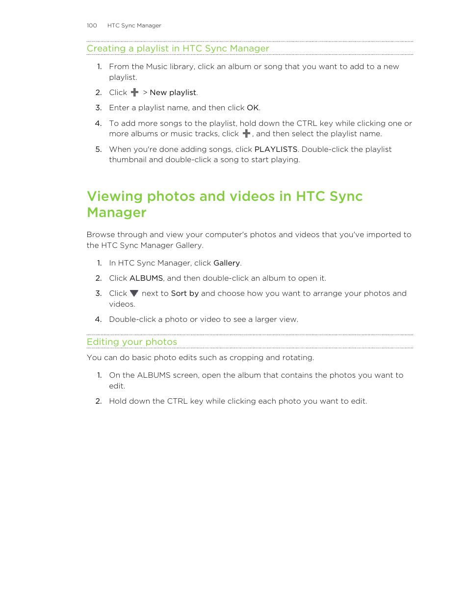 Creating a playlist in htc sync manager, Viewing photos and videos in htc sync manager, Editing your photos | HTC X+ User Manual | Page 100 / 193