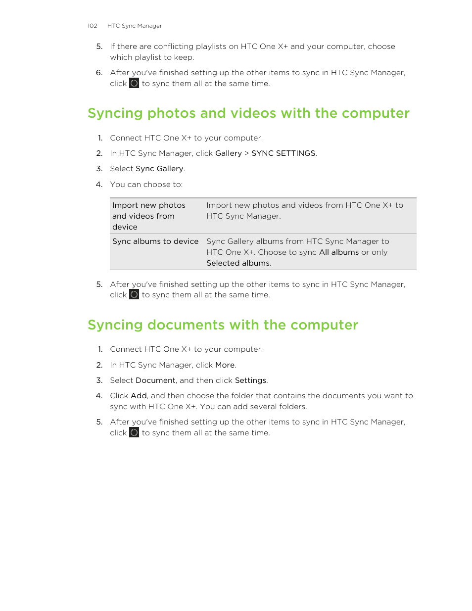 Syncing photos and videos with the computer, Syncing documents with the computer | HTC X+ User Manual | Page 102 / 193