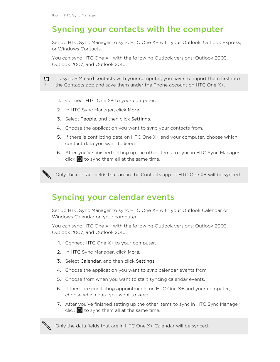 Syncing your contacts with the computer, Syncing your calendar events | HTC X+ User Manual | Page 103 / 193