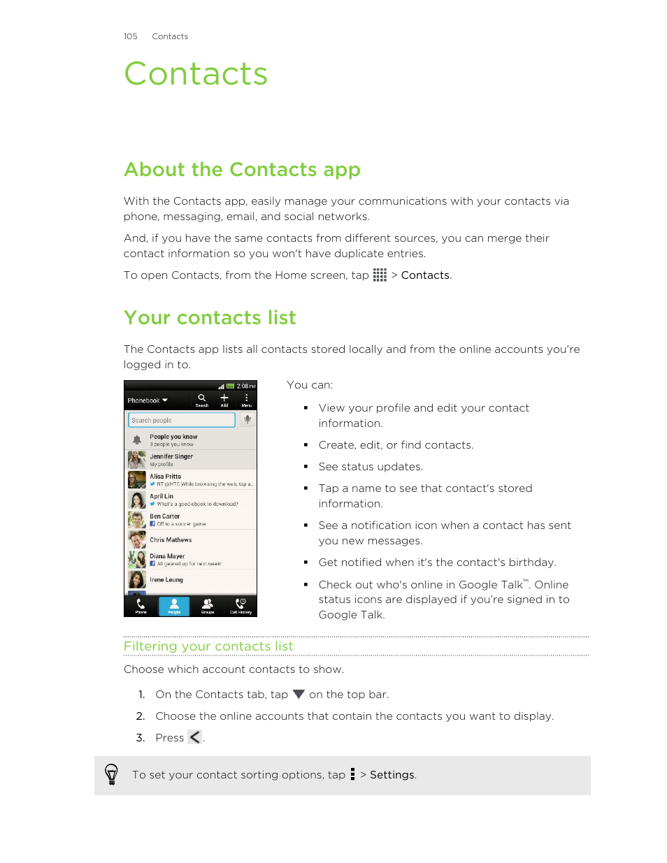 Contacts, About the contacts app, Your contacts list | Filtering your contacts list | HTC X+ User Manual | Page 105 / 193