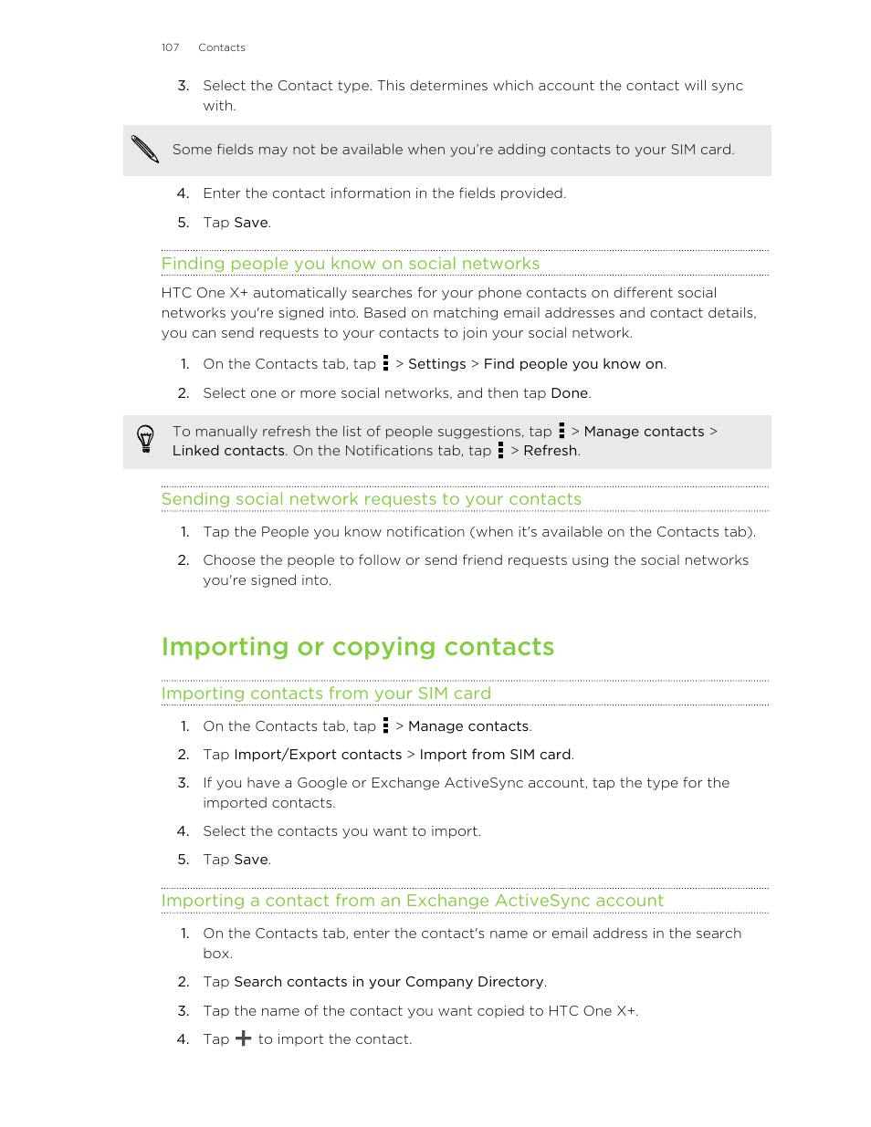 Finding people you know on social networks, Sending social network requests to your contacts, Importing or copying contacts | Importing contacts from your sim card | HTC X+ User Manual | Page 107 / 193