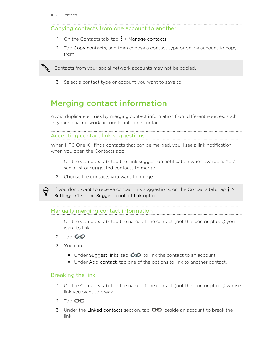 Copying contacts from one account to another, Merging contact information, Accepting contact link suggestions | Manually merging contact information, Breaking the link | HTC X+ User Manual | Page 108 / 193