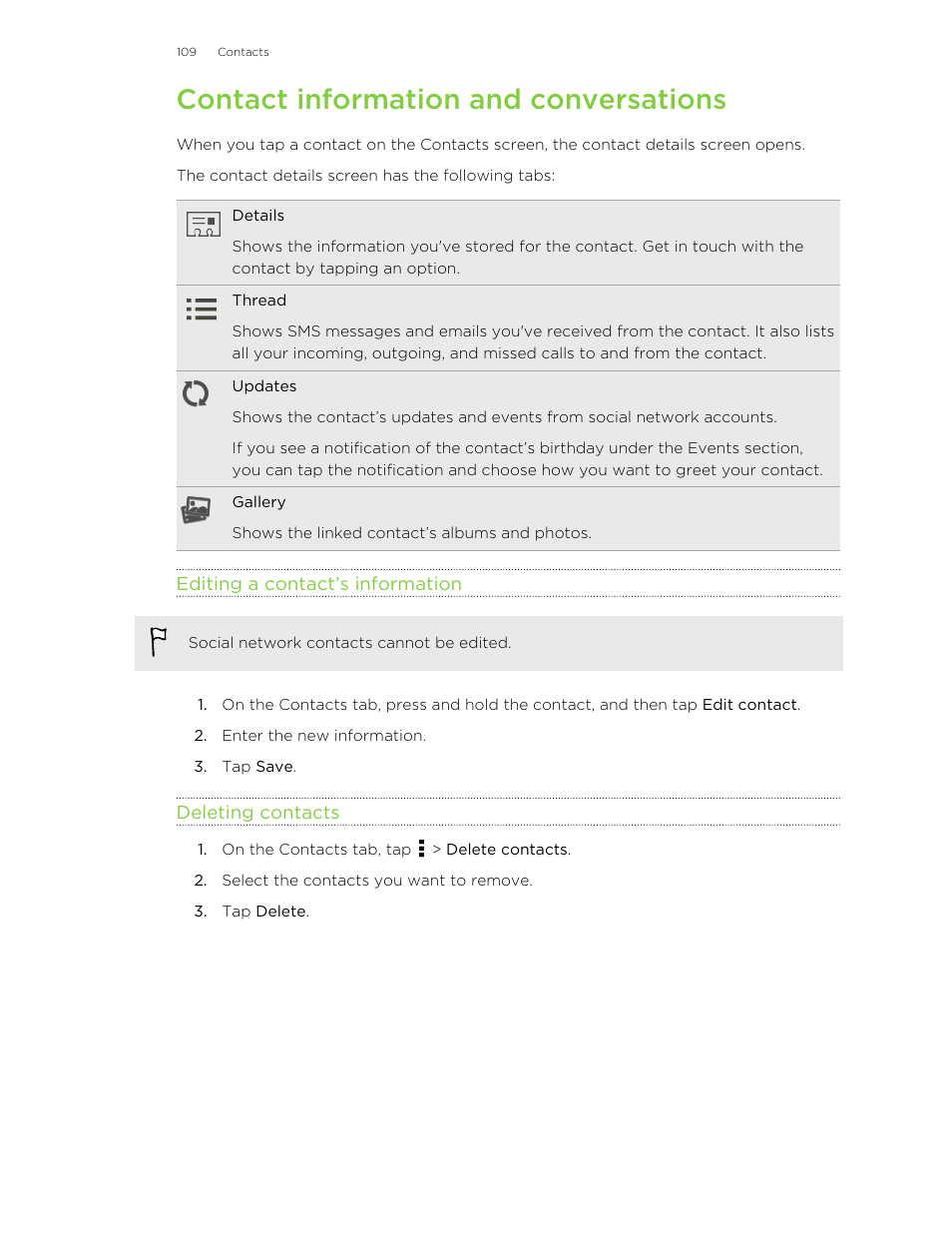 Contact information and conversations, Editing a contact’s information, Deleting contacts | HTC X+ User Manual | Page 109 / 193