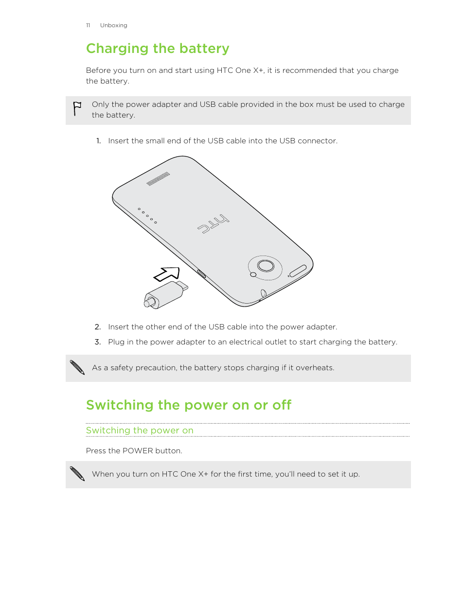 Charging the battery, Switching the power on or off, Switching the power on | HTC X+ User Manual | Page 11 / 193
