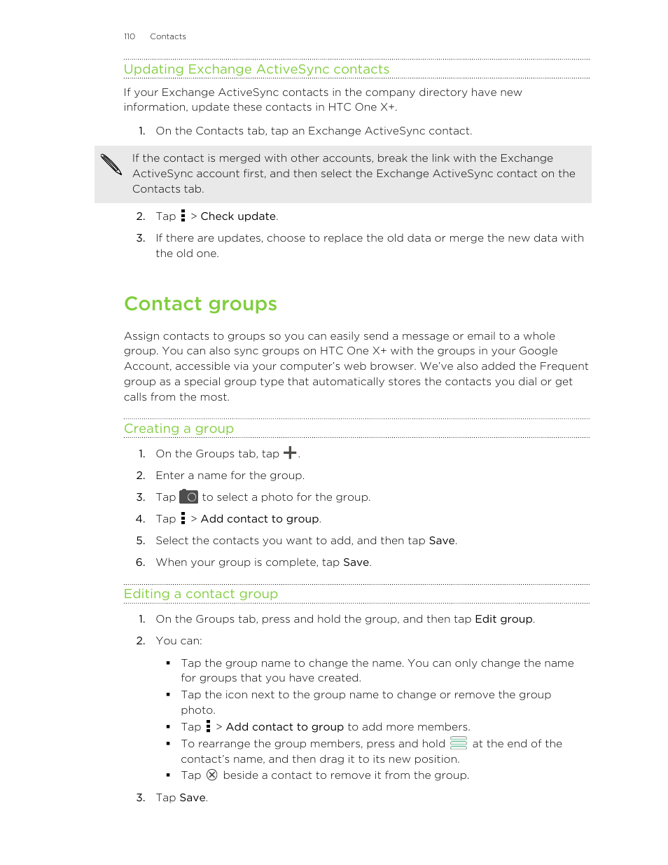 Updating exchange activesync contacts, Contact groups, Creating a group | Editing a contact group | HTC X+ User Manual | Page 110 / 193