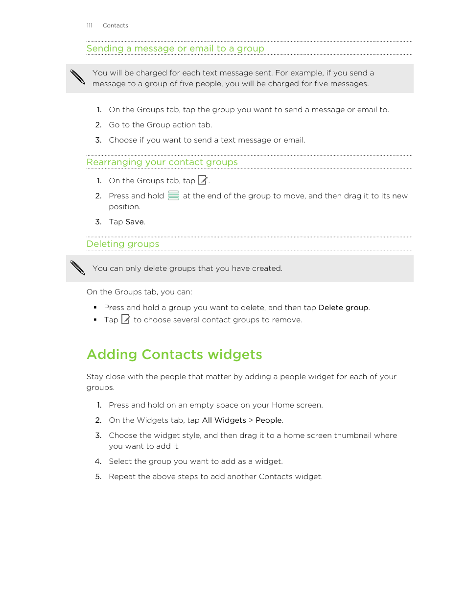 Sending a message or email to a group, Rearranging your contact groups, Deleting groups | Adding contacts widgets | HTC X+ User Manual | Page 111 / 193