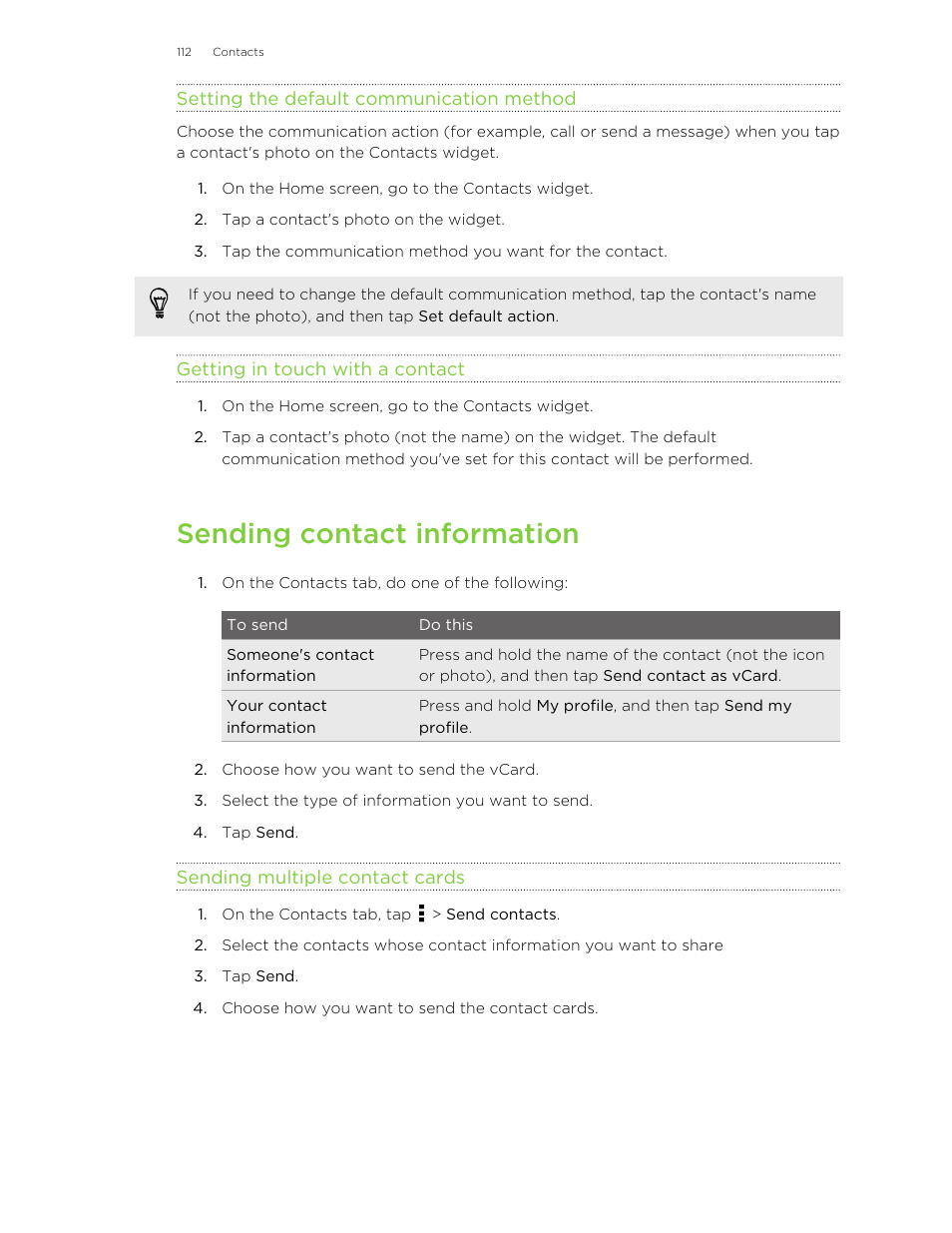 Setting the default communication method, Getting in touch with a contact, Sending contact information | Sending multiple contact cards | HTC X+ User Manual | Page 112 / 193