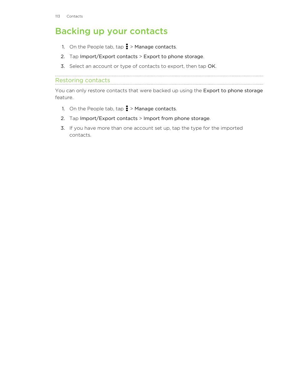 Backing up your contacts, Restoring contacts | HTC X+ User Manual | Page 113 / 193