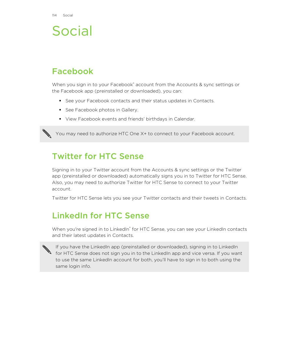 Social, Facebook, Twitter for htc sense | Linkedin for htc sense | HTC X+ User Manual | Page 114 / 193