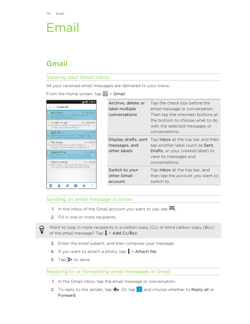 Email, Gmail, Viewing your gmail inbox | Sending an email message in gmail, Replying to or forwarding email messages in gmail | HTC X+ User Manual | Page 115 / 193