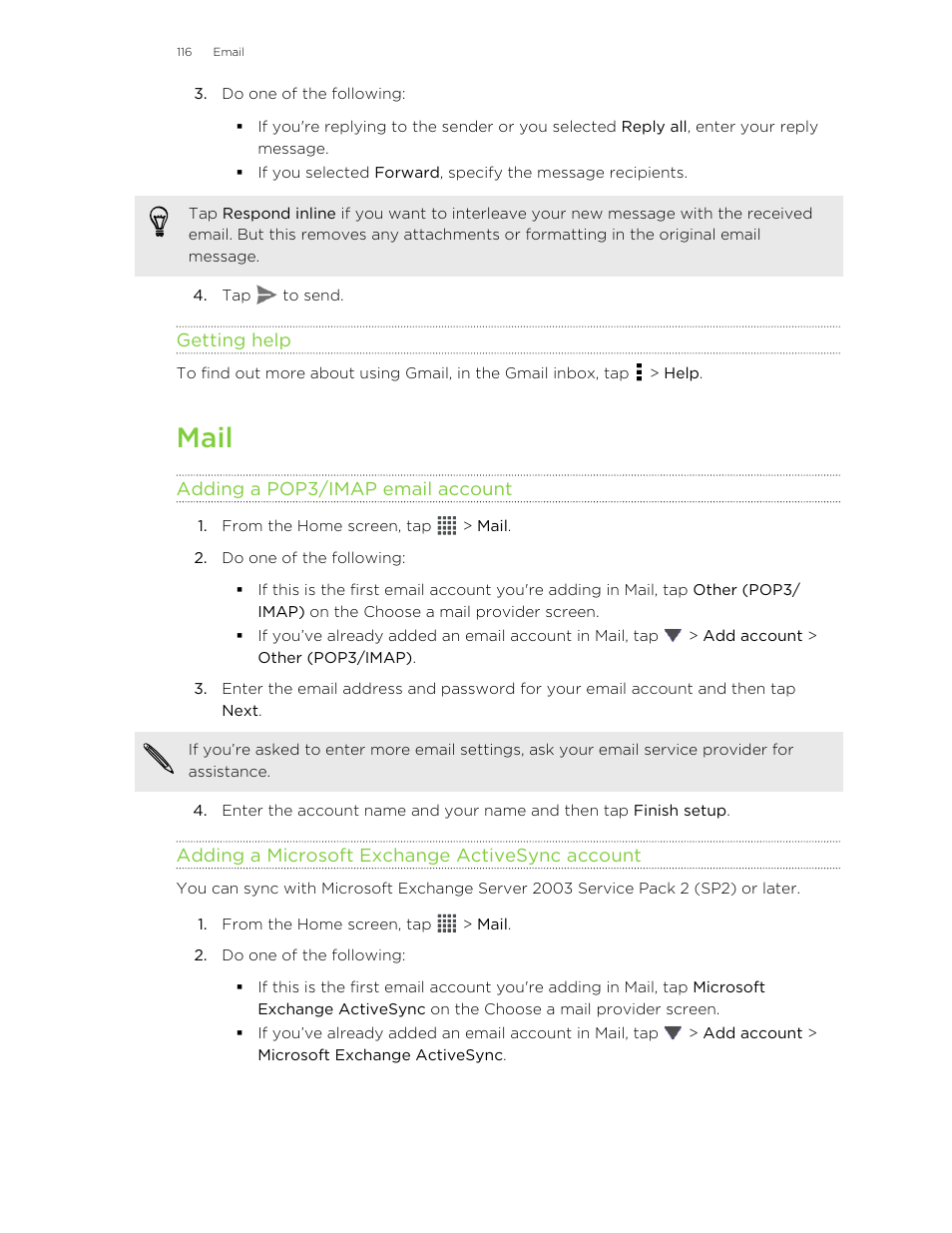 Getting help, Mail, Adding a pop3/imap email account | Adding a microsoft exchange activesync account | HTC X+ User Manual | Page 116 / 193