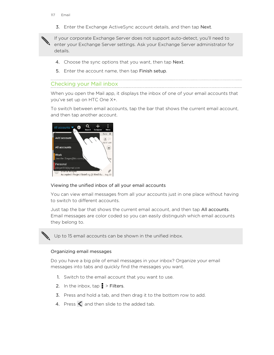 Checking your mail inbox, Organizing email messages | HTC X+ User Manual | Page 117 / 193