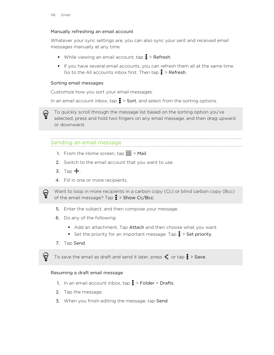 Manually refreshing an email account, Sorting email messages, Sending an email message | Resuming a draft email message | HTC X+ User Manual | Page 118 / 193