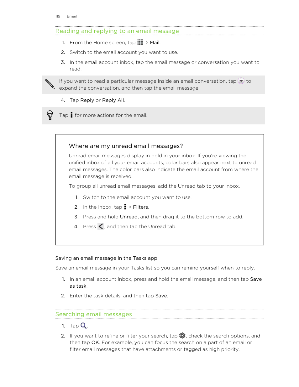 Reading and replying to an email message, Where are my unread email messages, Saving an email message in the tasks app | Searching email messages | HTC X+ User Manual | Page 119 / 193