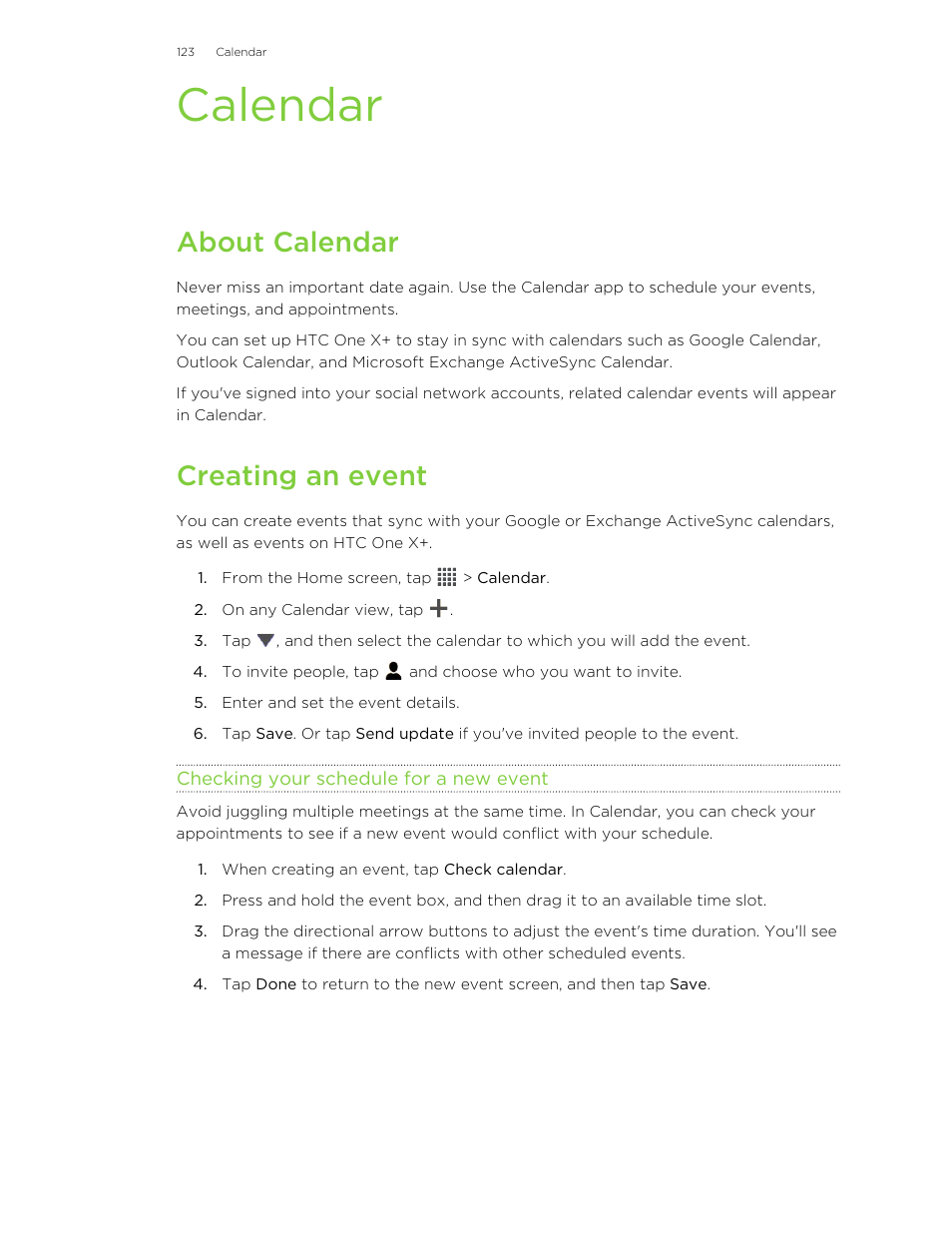 Calendar, About calendar, Creating an event | Checking your schedule for a new event | HTC X+ User Manual | Page 123 / 193