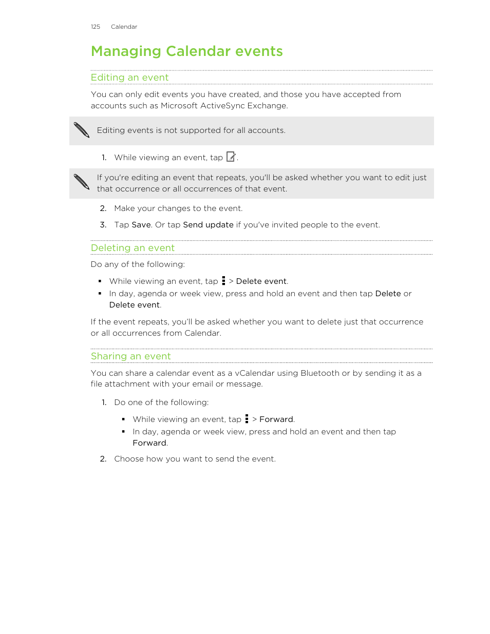 Managing calendar events, Editing an event, Deleting an event | Sharing an event | HTC X+ User Manual | Page 125 / 193