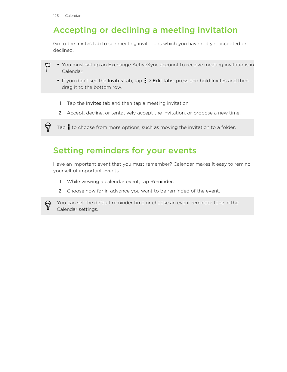 Accepting or declining a meeting invitation, Setting reminders for your events | HTC X+ User Manual | Page 126 / 193