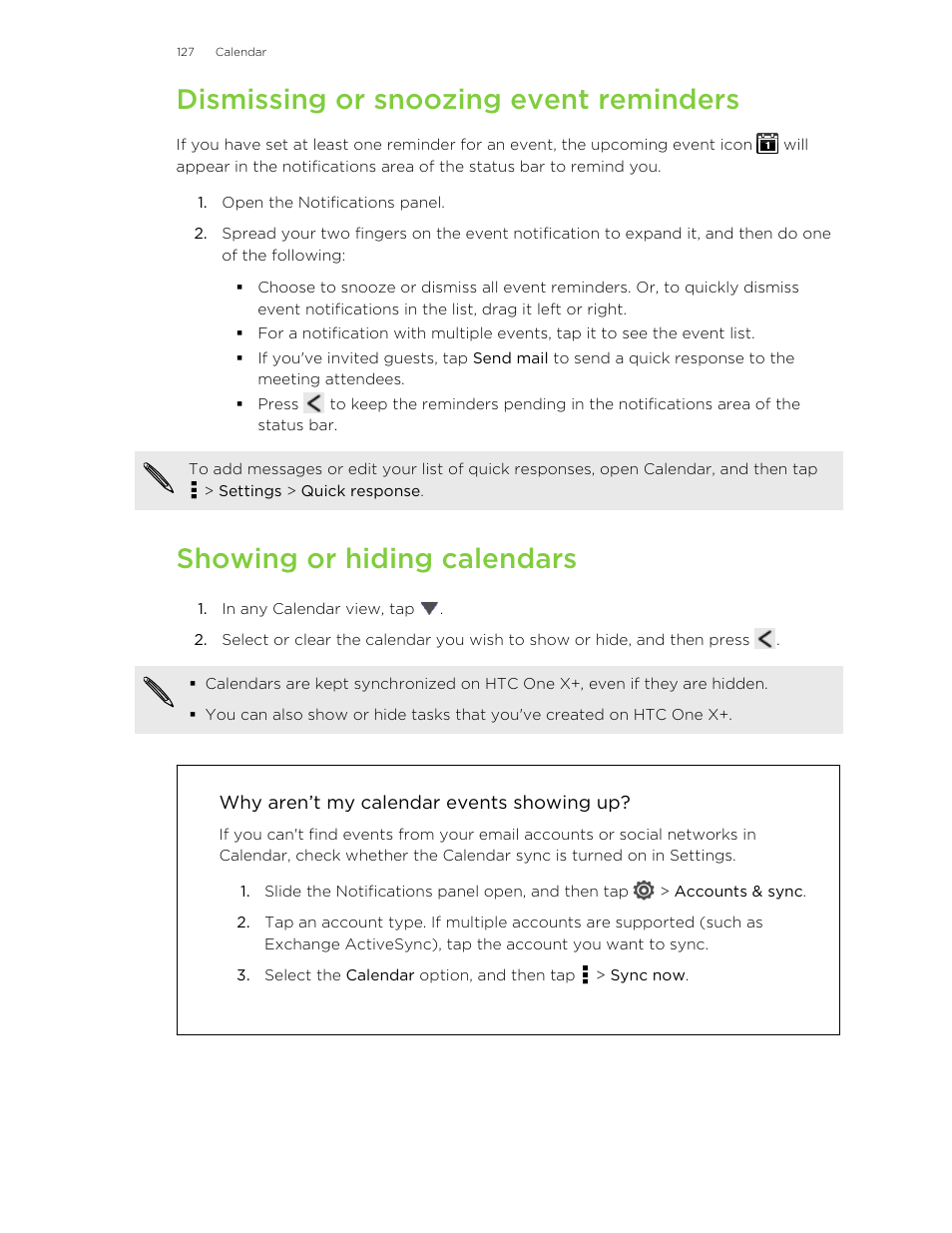 Dismissing or snoozing event reminders, Showing or hiding calendars, Why aren’t my calendar events showing up | HTC X+ User Manual | Page 127 / 193