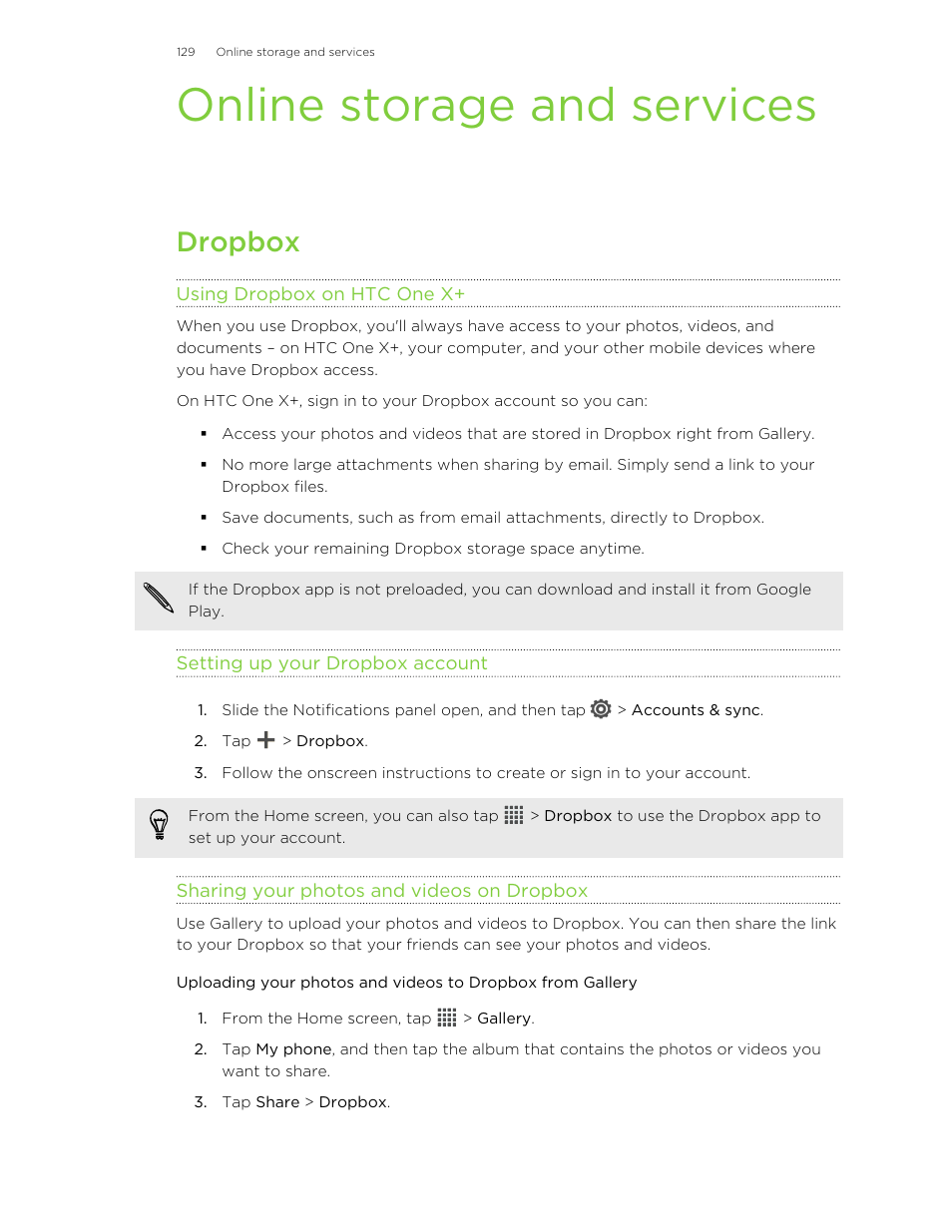 Online storage and services, Dropbox, Using dropbox on htc one x | Setting up your dropbox account, Sharing your photos and videos on dropbox | HTC X+ User Manual | Page 129 / 193