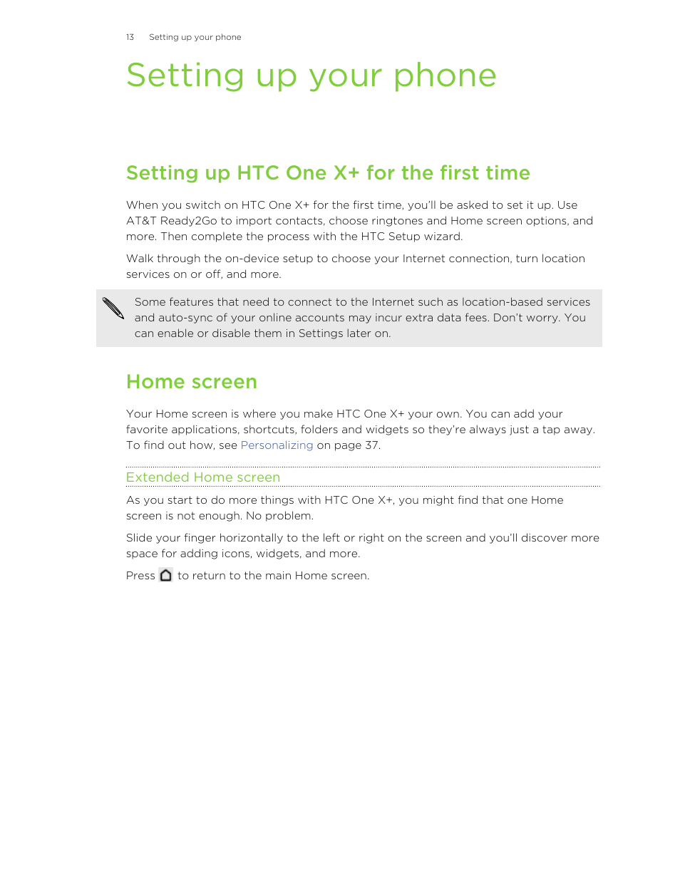 Setting up your phone, Setting up htc one x‍+ for the first time, Home screen | Extended home screen, Setting up htc one x+ for the first time | HTC X+ User Manual | Page 13 / 193
