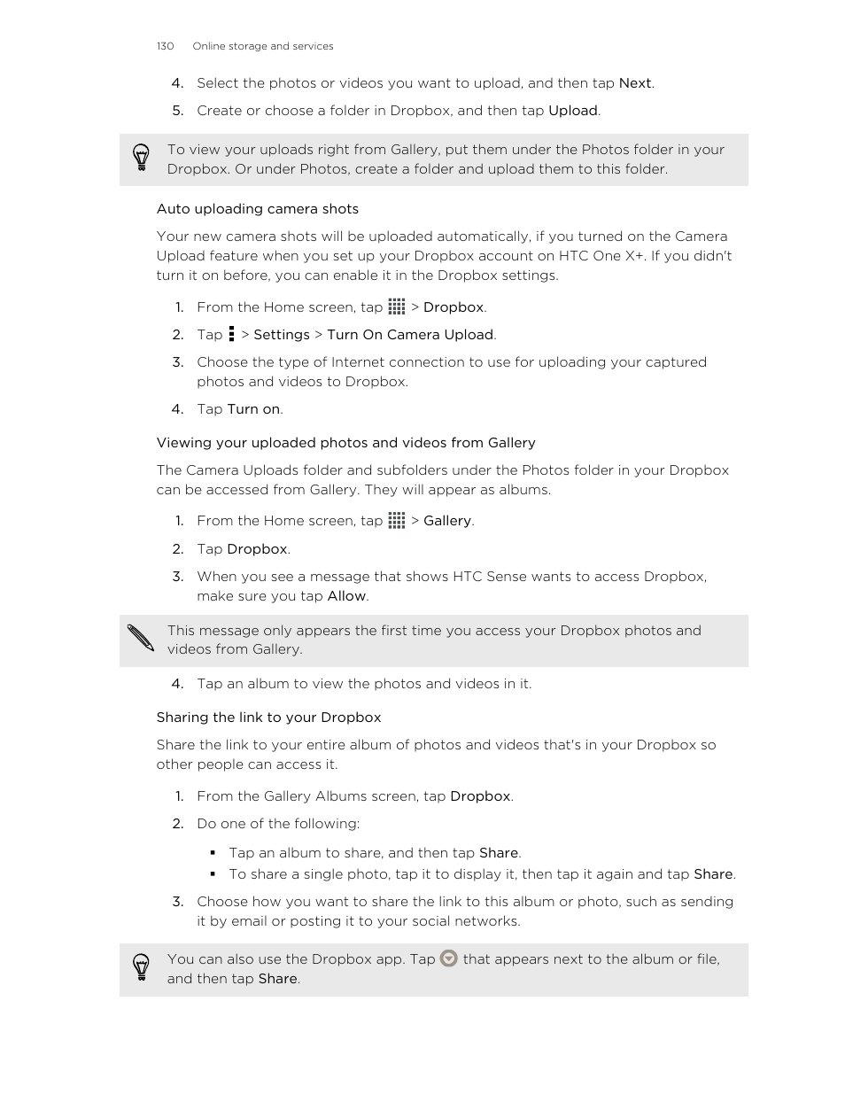 Auto uploading camera shots, Sharing the link to your dropbox | HTC X+ User Manual | Page 130 / 193