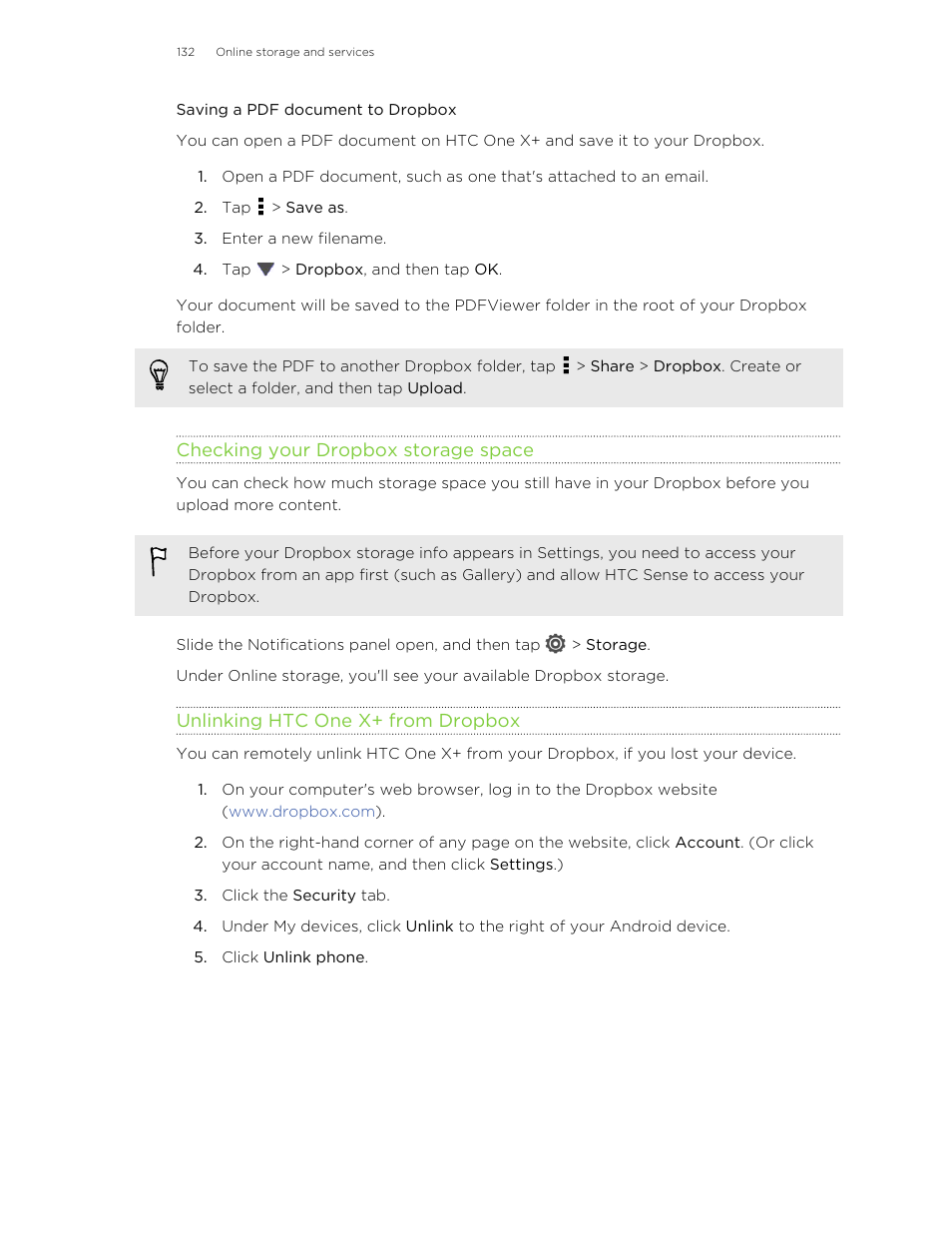 Saving a pdf document to dropbox, Checking your dropbox storage space, Unlinking htc one x‍+ from dropbox | HTC X+ User Manual | Page 132 / 193