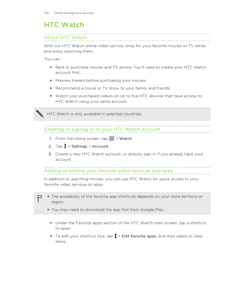 Htc watch, About htc watch, Creating or signing in to your htc watch account | HTC X+ User Manual | Page 133 / 193