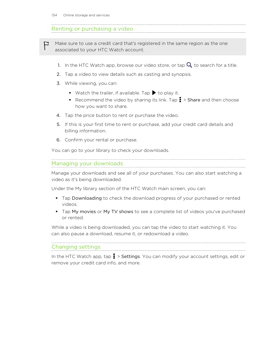 Renting or purchasing a video, Managing your downloads, Changing settings | HTC X+ User Manual | Page 134 / 193