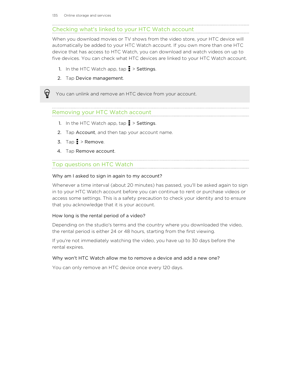 Checking what's linked to your htc watch account, Removing your htc watch account, Top questions on htc watch | Why am i asked to sign in again to my account, How long is the rental period of a video | HTC X+ User Manual | Page 135 / 193