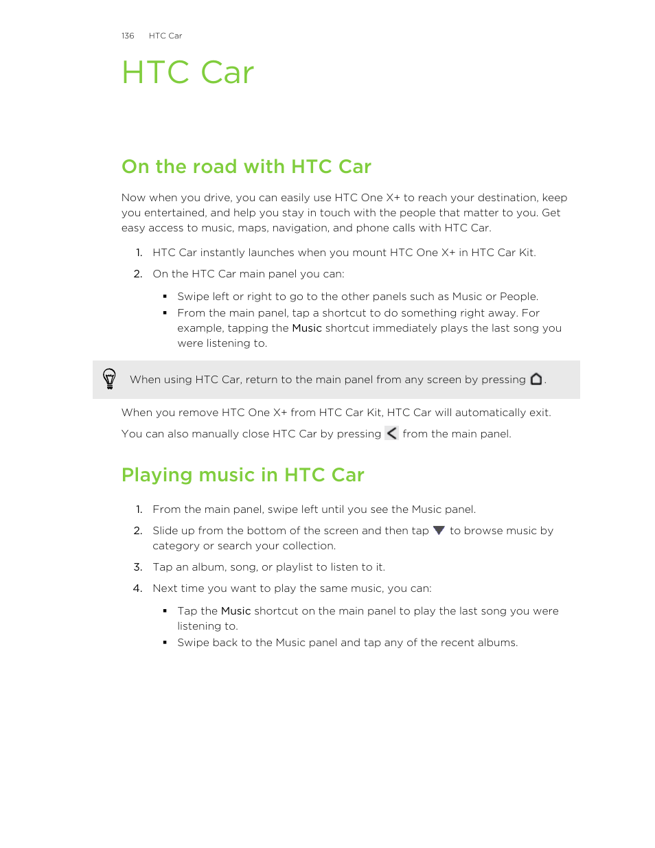 Htc car, On the road with htc car, Playing music in htc car | HTC X+ User Manual | Page 136 / 193