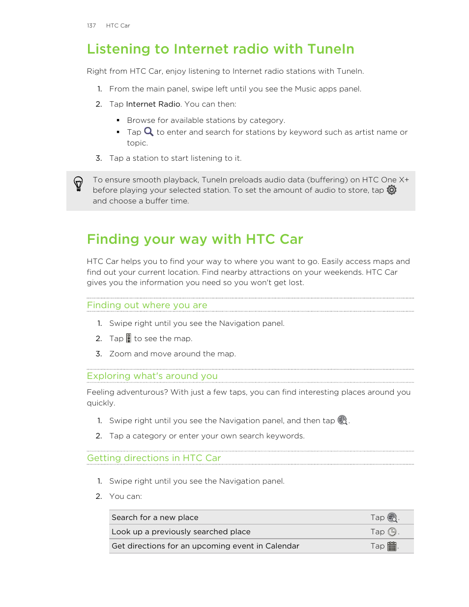 Listening to internet radio with tunein, Finding your way with htc car, Finding out where you are | Exploring what's around you, Getting directions in htc car | HTC X+ User Manual | Page 137 / 193