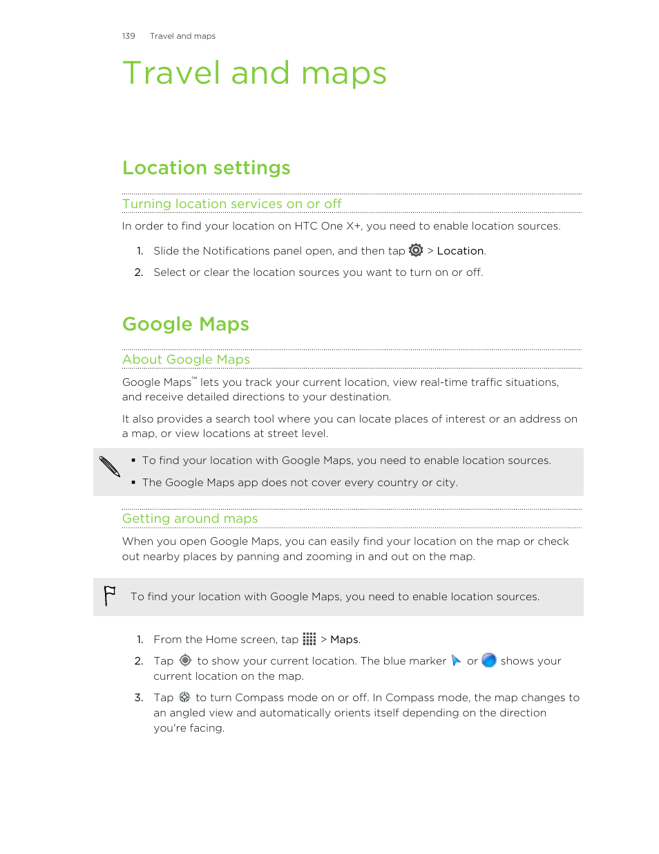 Travel and maps, Location settings, Turning location services on or off | Google maps, About google maps, Getting around maps | HTC X+ User Manual | Page 139 / 193