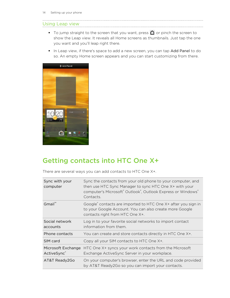 Using leap view, Getting contacts into htc one x | HTC X+ User Manual | Page 14 / 193