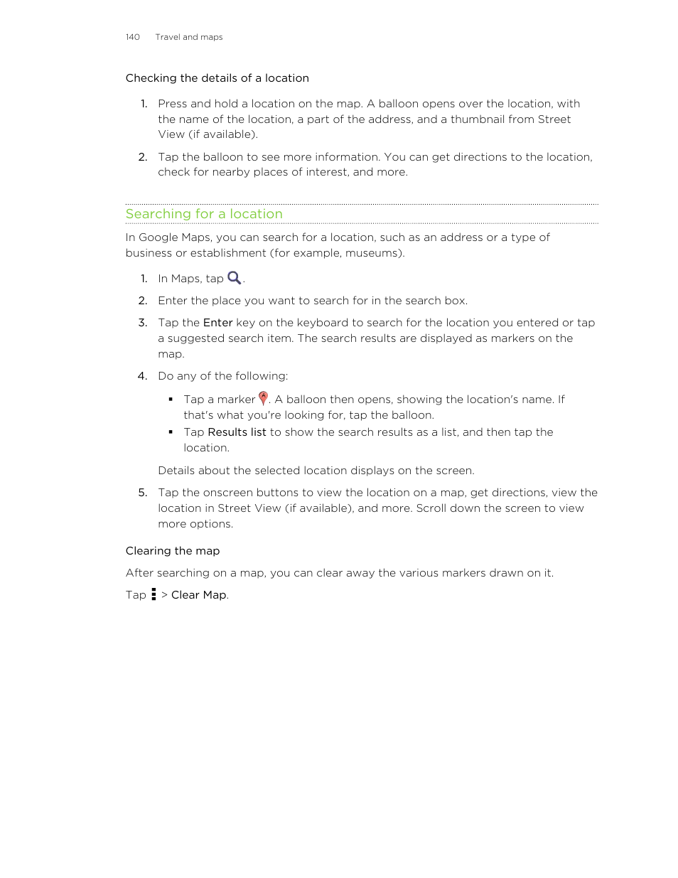 Checking the details of a location, Searching for a location, Clearing the map | HTC X+ User Manual | Page 140 / 193