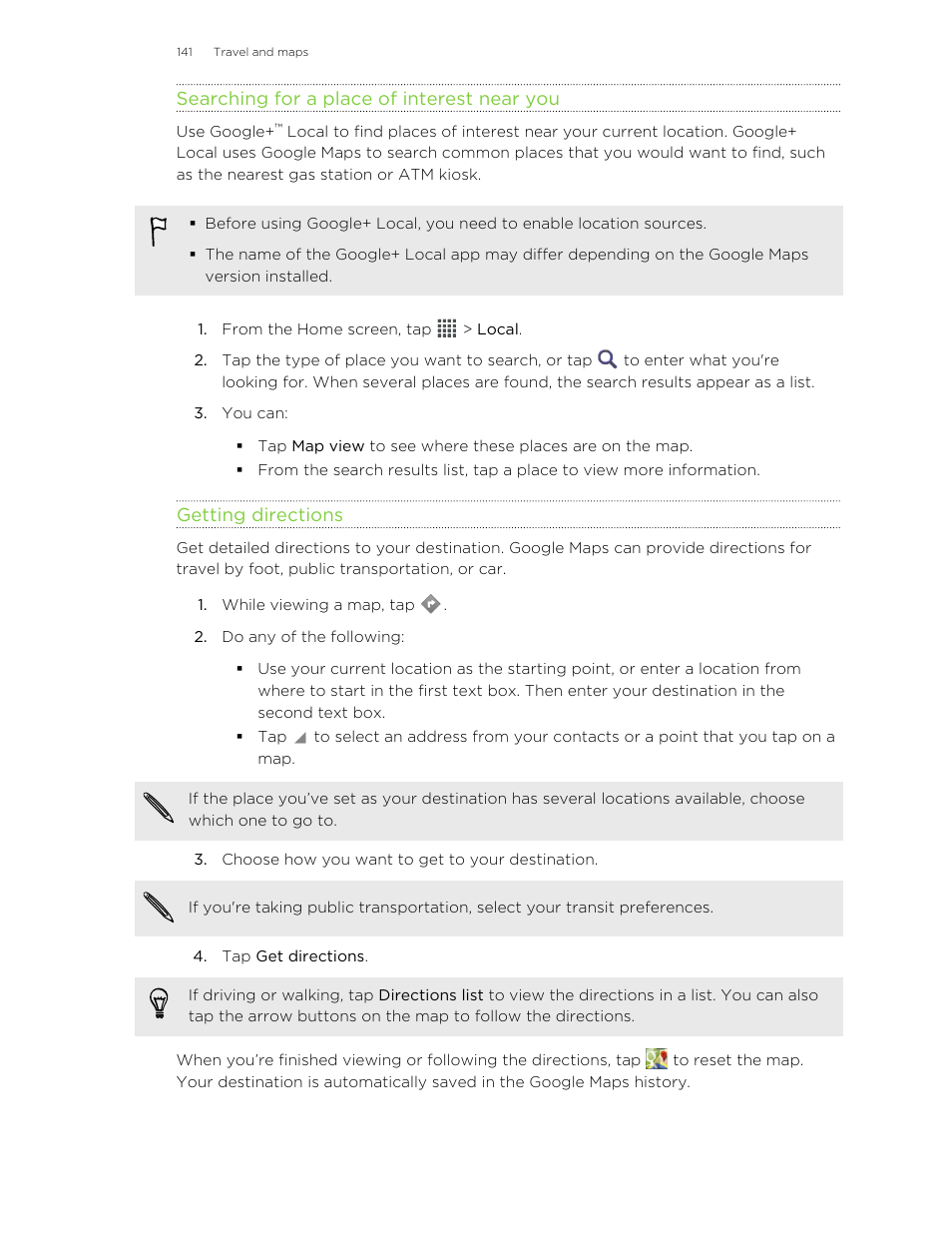 Searching for a place of interest near you, Getting directions | HTC X+ User Manual | Page 141 / 193