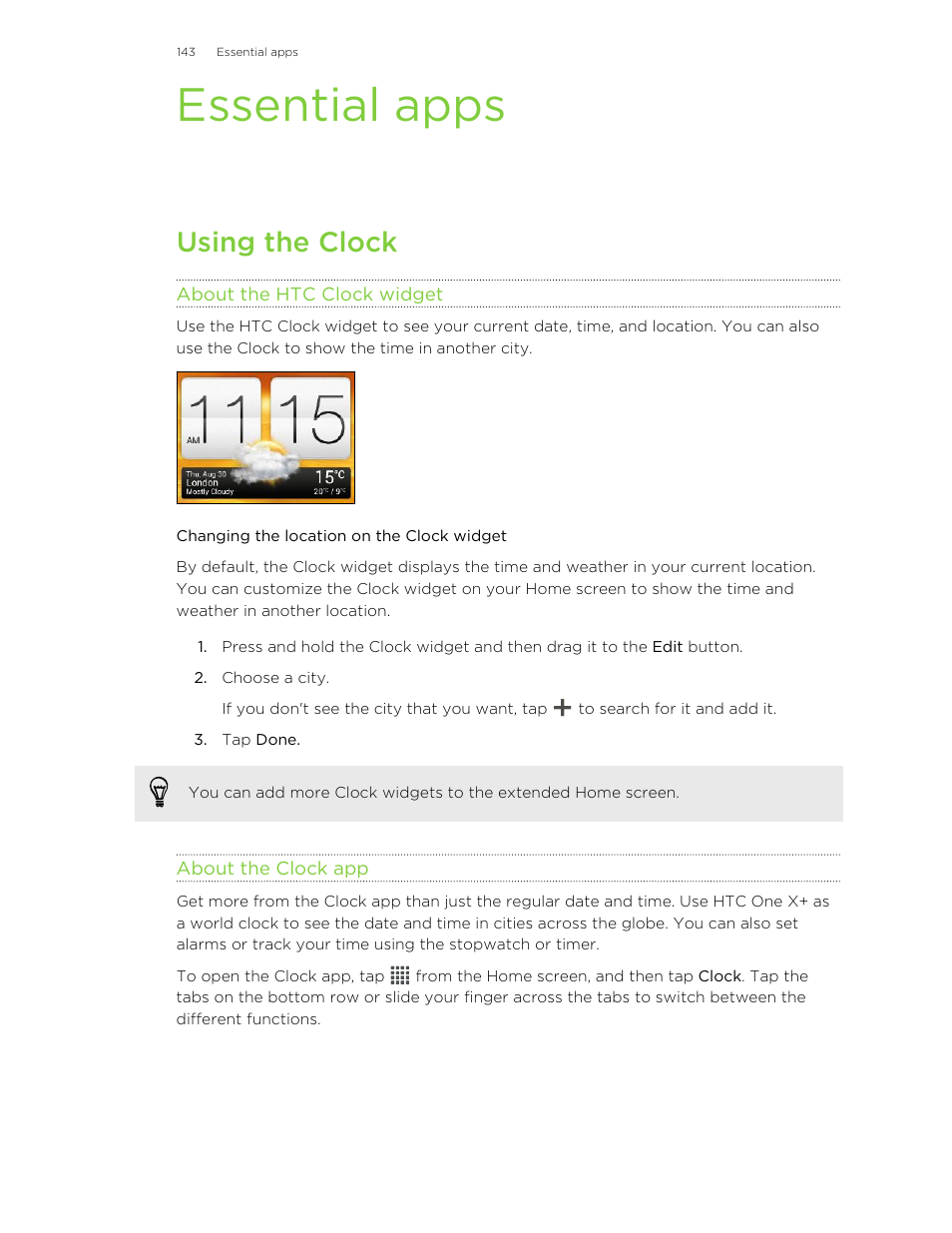 Essential apps, Using the clock, About the htc clock widget | Changing the location on the clock widget, About the clock app | HTC X+ User Manual | Page 143 / 193