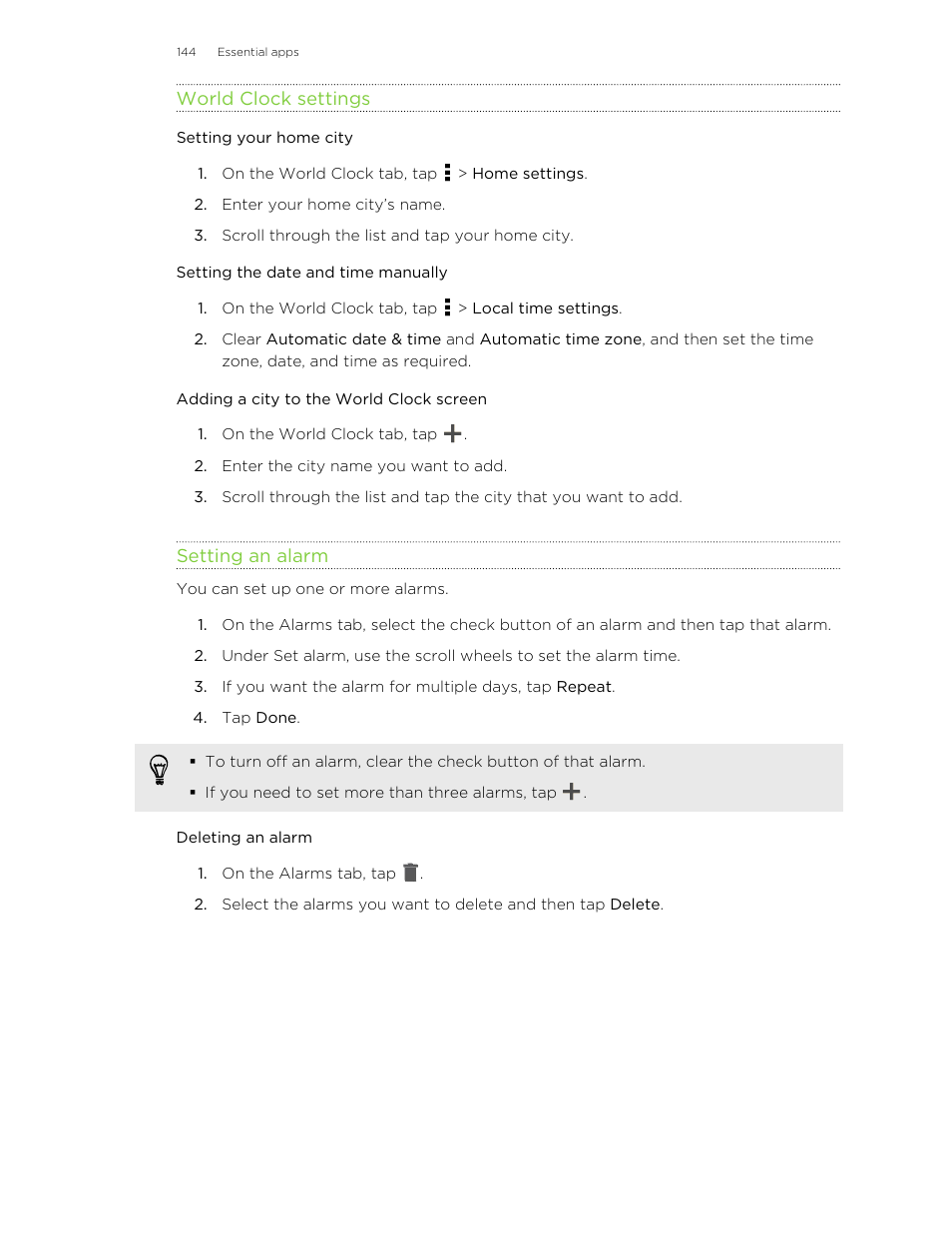 World clock settings, Setting your home city, Setting the date and time manually | Adding a city to the world clock screen, Setting an alarm, Deleting an alarm | HTC X+ User Manual | Page 144 / 193