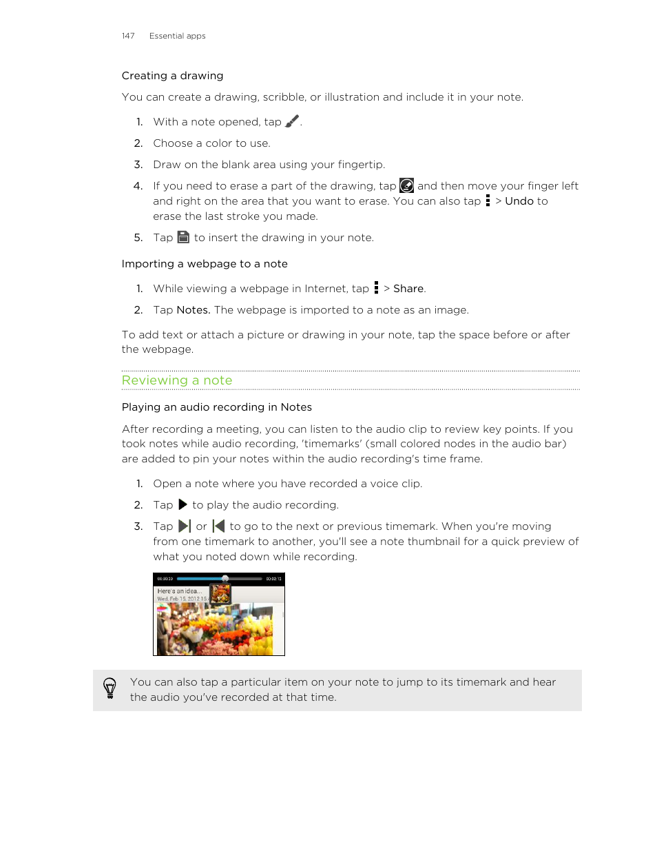 Creating a drawing, Reviewing a note, Playing an audio recording in notes | HTC X+ User Manual | Page 147 / 193