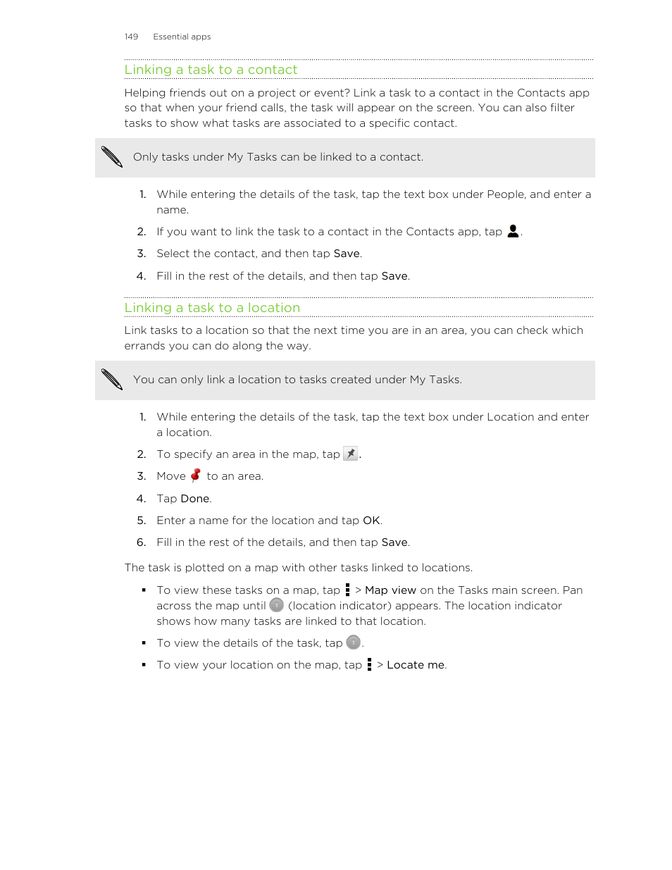 Linking a task to a contact, Linking a task to a location | HTC X+ User Manual | Page 149 / 193