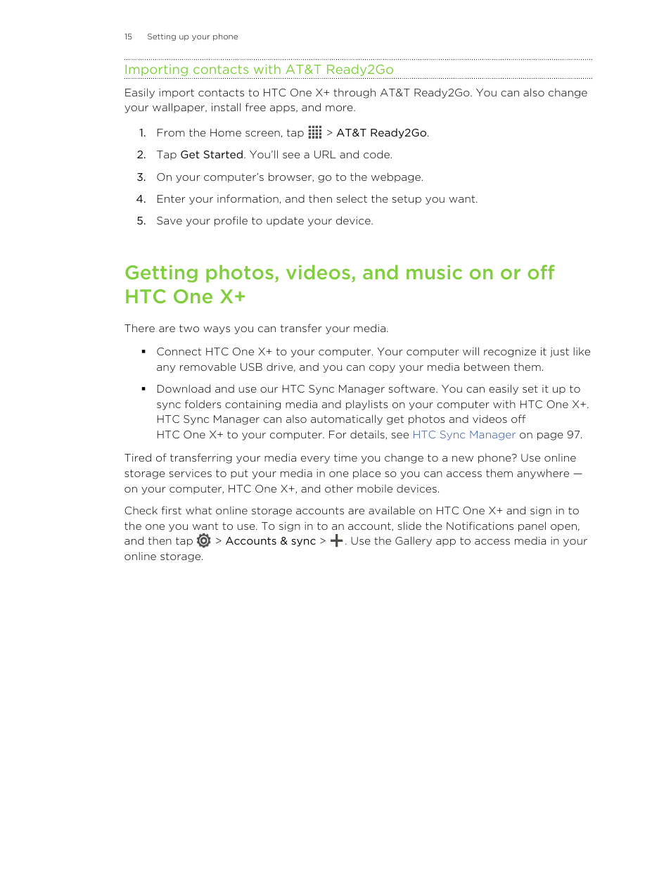 Importing contacts with at&t ready2go | HTC X+ User Manual | Page 15 / 193