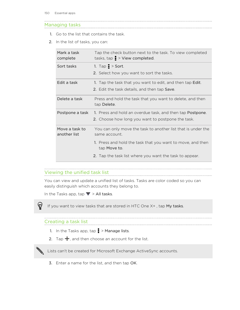 Managing tasks, Viewing the unified task list, Creating a task list | HTC X+ User Manual | Page 150 / 193